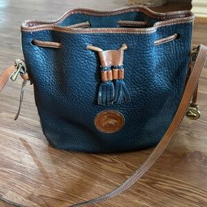 Dooney & Bourke Blue Pebbled Leather Drawstring Crossbody with Tan Trim